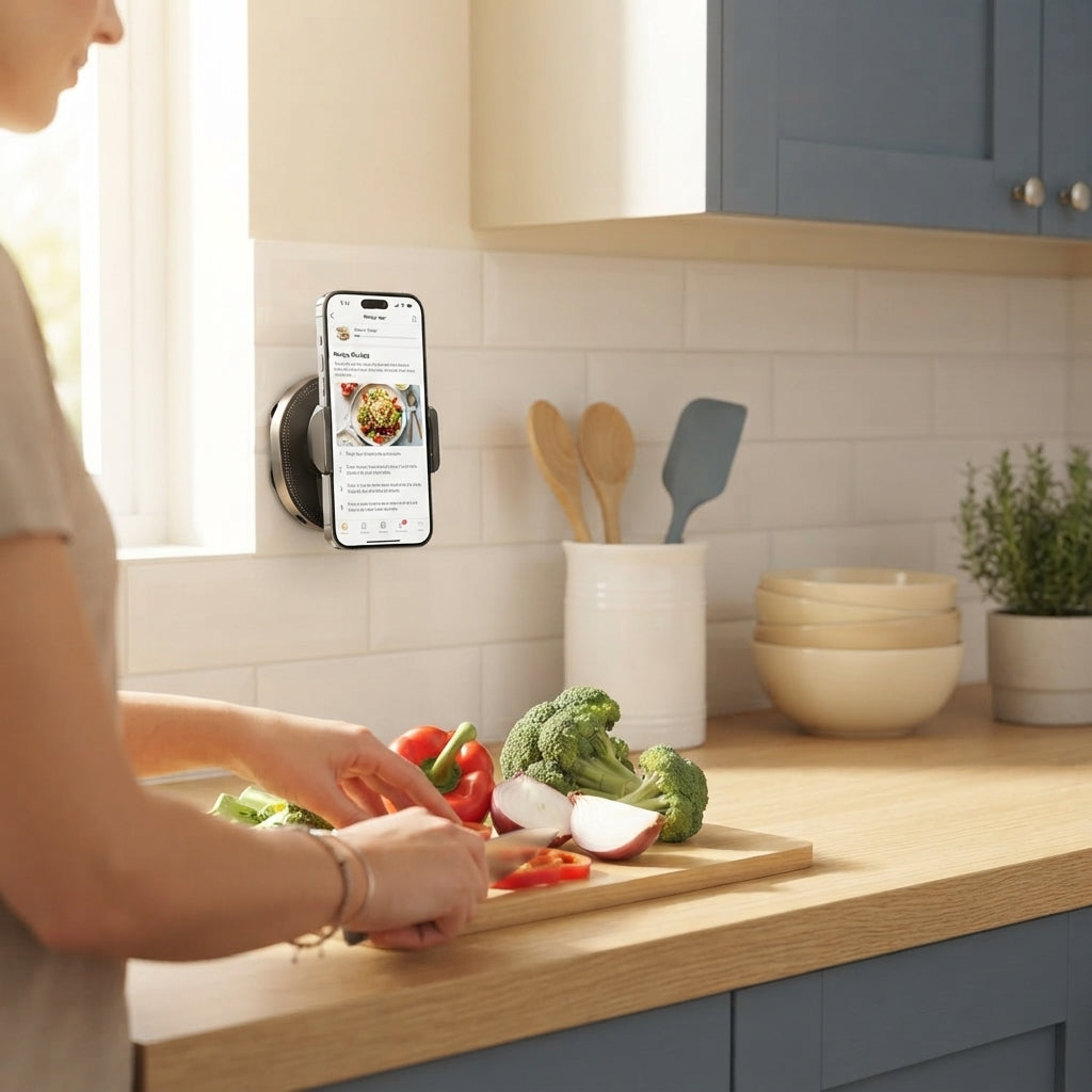 A magnetic phone holder attached to kitchen tiles holding a smartphone displaying a recipe