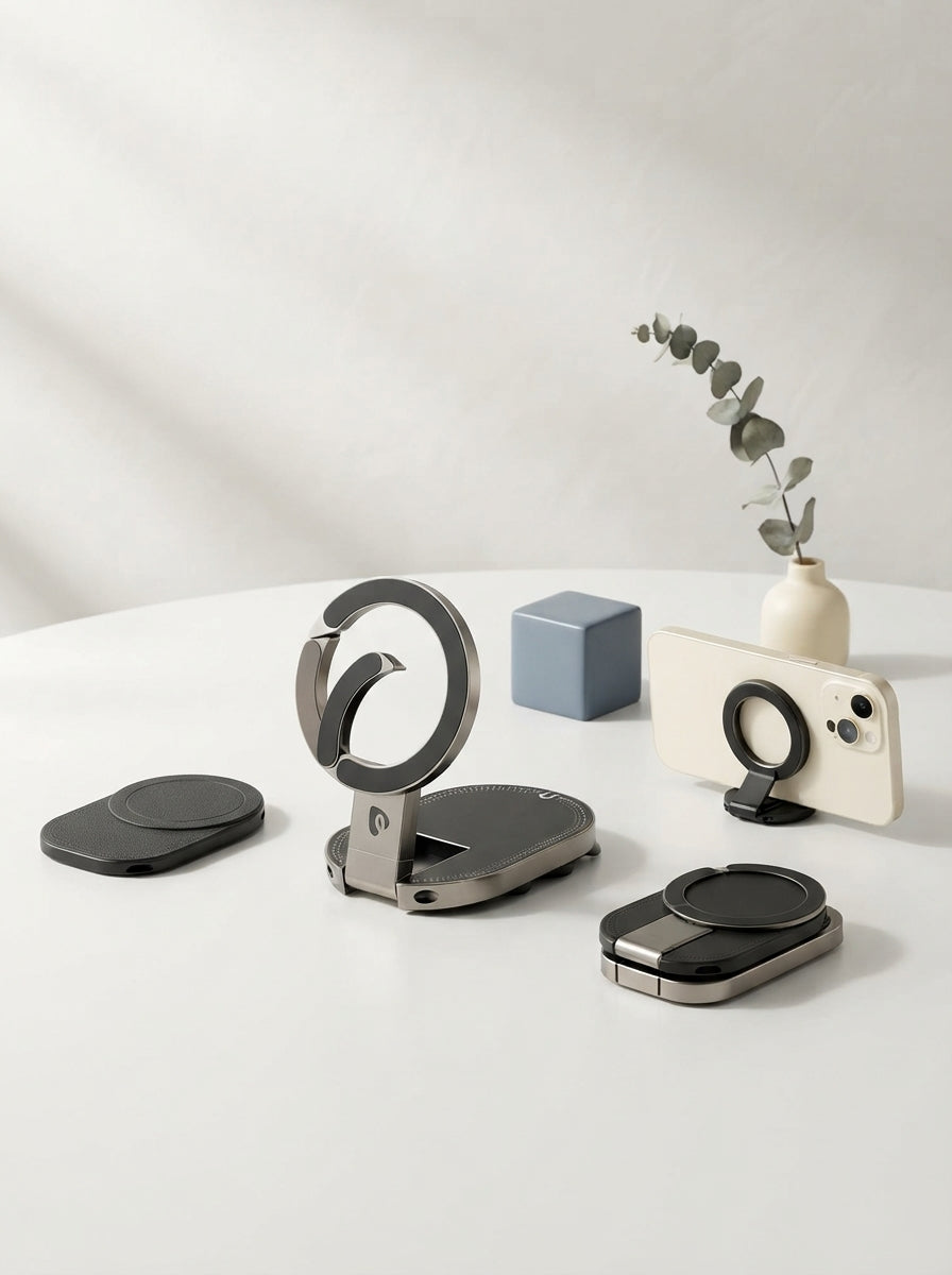 A compact 3-in-1 magnetic phone mount displayed on a minimalist white surface with slate blue and cream accents.